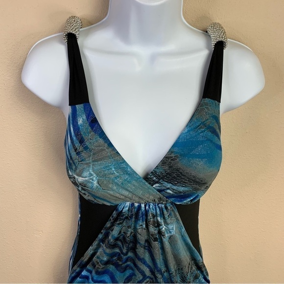 XS Vintage Y2k Blue Silver Shimmer Sleeveless Stretch Blouse Extra Small - Picture 3 of 7